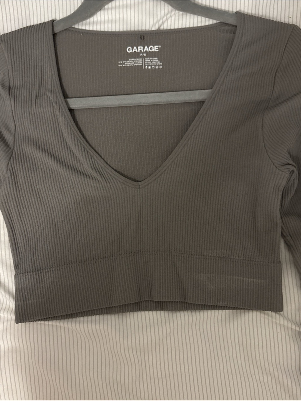 Garage Ribbed V-Neck Long Sleeve Crop Top in Charcoal
